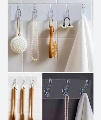 Picture of 6 Rows Transparent Sticky Hook, Adhesive Sticker Hanger in Home, Waterproof Seamless Invisible Strong Self Adhesive Wall Mounted (1 Pc) Hook for home kitchen bathroom  