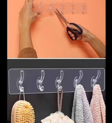 Picture of 6 Rows Transparent Sticky Hook, Adhesive Sticker Hanger in Home, Waterproof Seamless Invisible Strong Self Adhesive Wall Mounted (1 Pc) Hook for home kitchen bathroom  