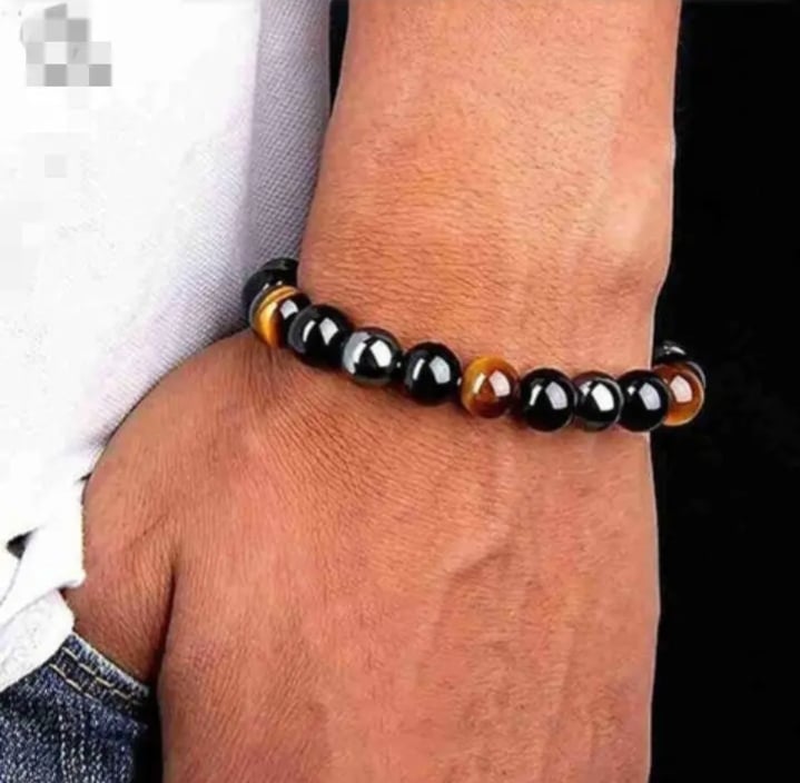 Picture of Beaded Triple Protection Tiger Eye Obsidian Hematite Men Stretchy Bracelet 1 Pcs Beaded Bracelets Tigers Eye Crystal Bracelet Hematite Beads & Black Obsidian Balance Bracelet Gifts for Women Men Friend - Bring Luck and Prosperity Multicolor 