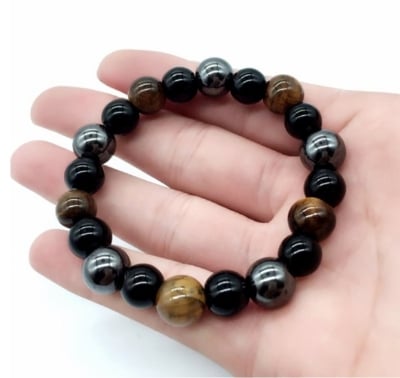 Picture of Beaded Triple Protection Tiger Eye Obsidian Hematite Men Stretchy Bracelet 1 Pcs Beaded Bracelets Tigers Eye Crystal Bracelet Hematite Beads & Black Obsidian Balance Bracelet Gifts for Women Men Friend - Bring Luck and Prosperity Multicolor 