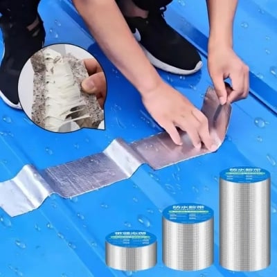 Picture of Leakage Repair Waterproof Tape for Pipe Leakage Roof Water Leakage Solution Aluminium Foil Tape Waterproof Adhesive Tape Sealing Butyl Rubber Tape for Surface Crack, Pipe Repair Silver 