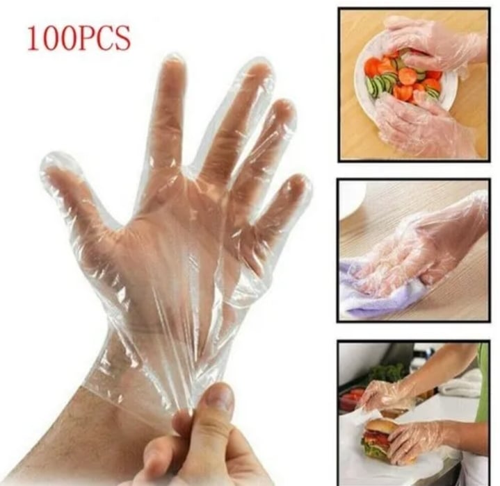 Picture of 100 PCS Disposable Food Prep Gloves - Plastic Food Safe Disposable Gloves Transparent for Food Handling, Kitchen Cooking Cleaning, Crafting, Hair Coloring, One Size Fits Most  