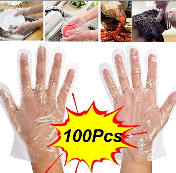 Picture of 100 PCS Disposable Food Prep Gloves - Plastic Food Safe Disposable Gloves Transparent for Food Handling, Kitchen Cooking Cleaning, Crafting, Hair Coloring, One Size Fits Most  