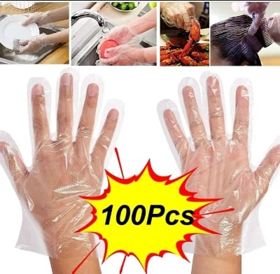 Picture of 100 PCS Disposable Food Prep Gloves - Plastic Food Safe Disposable Gloves Transparent for Food Handling, Kitchen Cooking Cleaning, Crafting, Hair Coloring, One Size Fits Most  