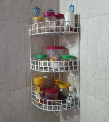 Picture of 2 Pcs 3+2 Layer Corner shelf Metal shampoo rack bathroom kitchen storage 1 big corner rack 1 small corner rack 2 in  1 White 
