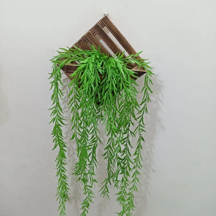 Picture of Artificial Hanging Plant, Greenery Fake Hanging Plants with Pot, Green Fake Ivy Vines, Wall Mounted Faux Plant Green Leaves with Square Bamboo Wall Hanging Holder Green 