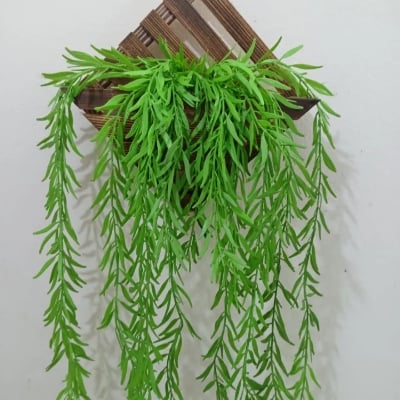 Picture of Artificial Hanging Plant, Greenery Fake Hanging Plants with Pot, Green Fake Ivy Vines, Wall Mounted Faux Plant Green Leaves with Square Bamboo Wall Hanging Holder Green 