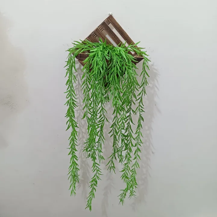 Picture of Artificial Hanging Plant, Greenery Fake Hanging Plants with Pot, Green Fake Ivy Vines, Wall Mounted Faux Plant Green Leaves with Square Bamboo Wall Hanging Holder Green 