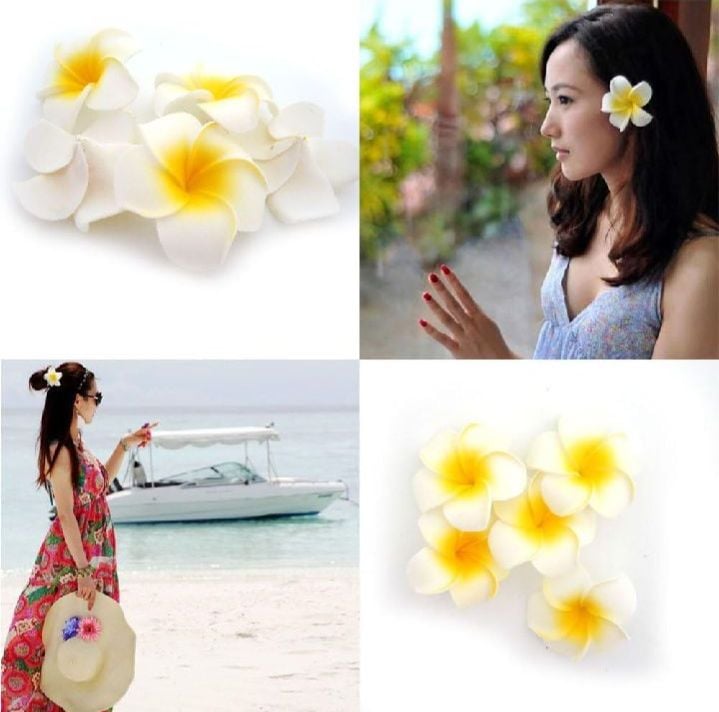 Picture of 3 Piece White Artificial Hawaii Flower Hair Clip Elegant Floral Claw Hair Accessories For Women's Hair Clips, Perfect For Hair Buns, Wedding, Marriage, Valentine's Day Gift Yellow Int: One size