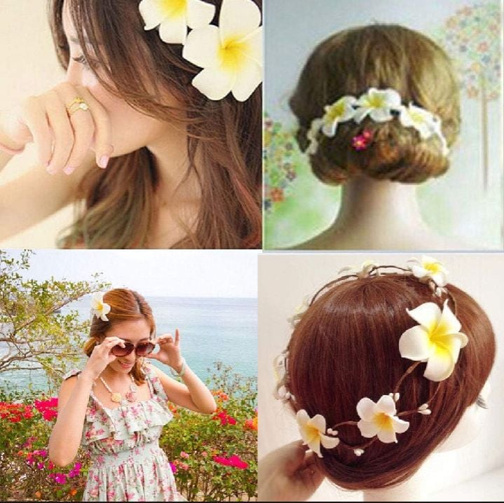 Picture of 3 Piece White Artificial Hawaii Flower Hair Clip Elegant Floral Claw Hair Accessories For Women's Hair Clips, Perfect For Hair Buns, Wedding, Marriage, Valentine's Day Gift Yellow Int: One size