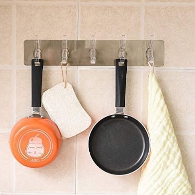 Picture of 1 Pack Self Adhesive No Drills Wall/Rail/Kitchen/Bathroom Strong Sticky Towel Hanger Hook (5 Hooks, 44 x 8cm) Multicolor 