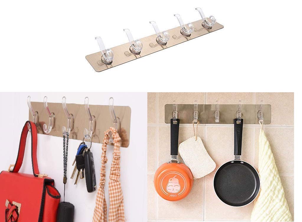 Picture of 1 Pack Self Adhesive No Drills Wall/Rail/Kitchen/Bathroom Strong Sticky Towel Hanger Hook (5 Hooks, 44 x 8cm) Multicolor 
