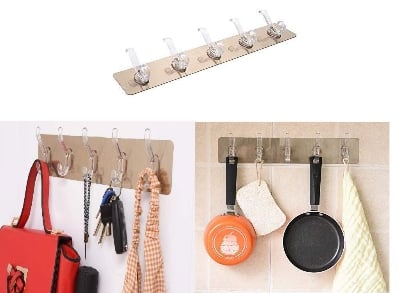 Picture of 1 Pack Self Adhesive No Drills Wall/Rail/Kitchen/Bathroom Strong Sticky Towel Hanger Hook (5 Hooks, 44 x 8cm) Multicolor 