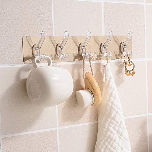 Picture of 1 Pack Self Adhesive No Drills Wall/Rail/Kitchen/Bathroom Strong Sticky Towel Hanger Hook (5 Hooks, 44 x 8cm) Multicolor 