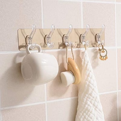 Picture of 1 Pack Self Adhesive No Drills Wall/Rail/Kitchen/Bathroom Strong Sticky Towel Hanger Hook (5 Hooks, 44 x 8cm) Multicolor 