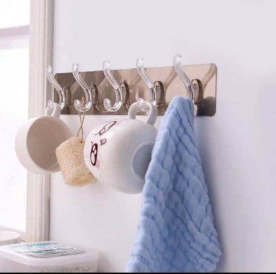 Picture of Double Face 6 Hook Flexible Gold Hook Hanger Stylish Magic Adhesive Hangers Hooks Strong Self Adhesive Detachable Wall Hanger for Home Kitchen Office Bathroom Bedroom Black 