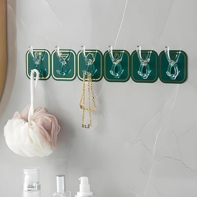 Picture of Magic Adhesive Hangers with 6 Hooks Strong Self Adhesive Detachable Wall Hanger for Home Kitchen Office Bathroom Bedroom Door Accessories Organizers, Plastic Multicolor 