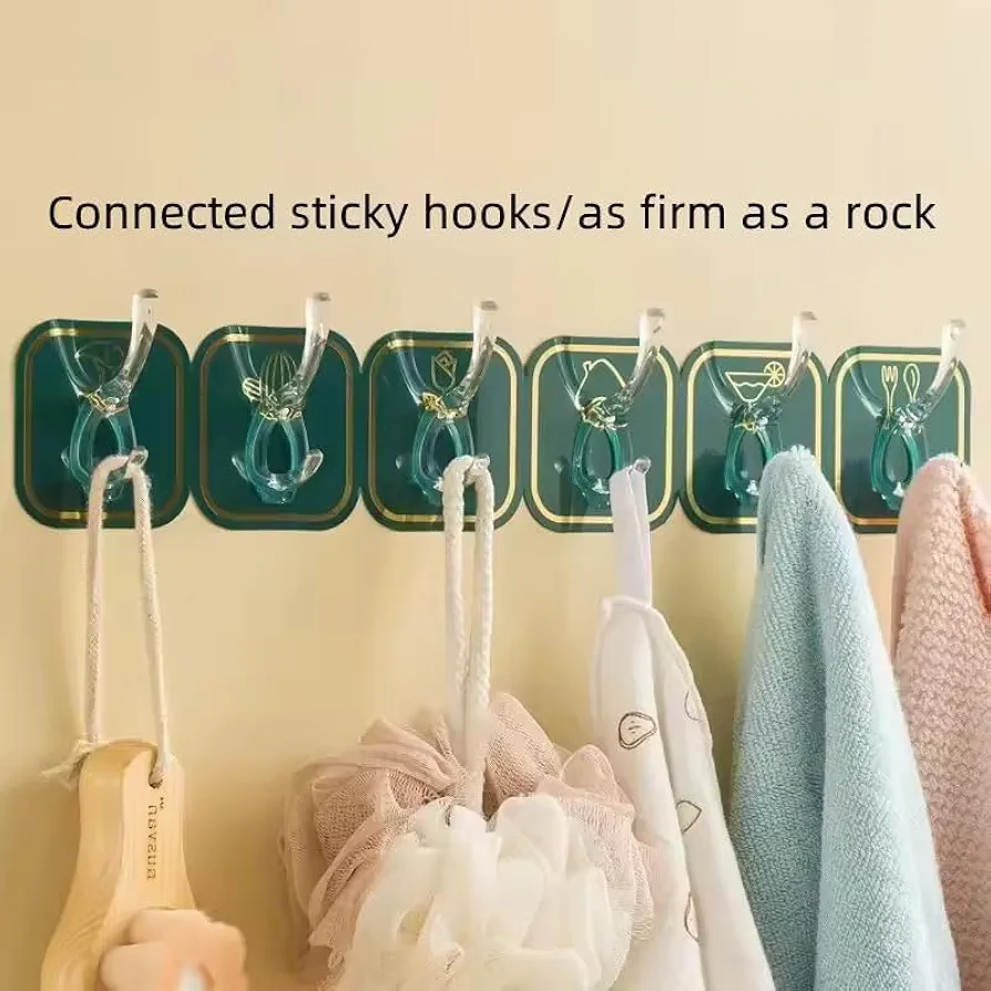 Picture of Magic Adhesive Hangers with 6 Hooks Strong Self Adhesive Detachable Wall Hanger for Home Kitchen Office Bathroom Bedroom Door Accessories Organizers, Plastic Multicolor 