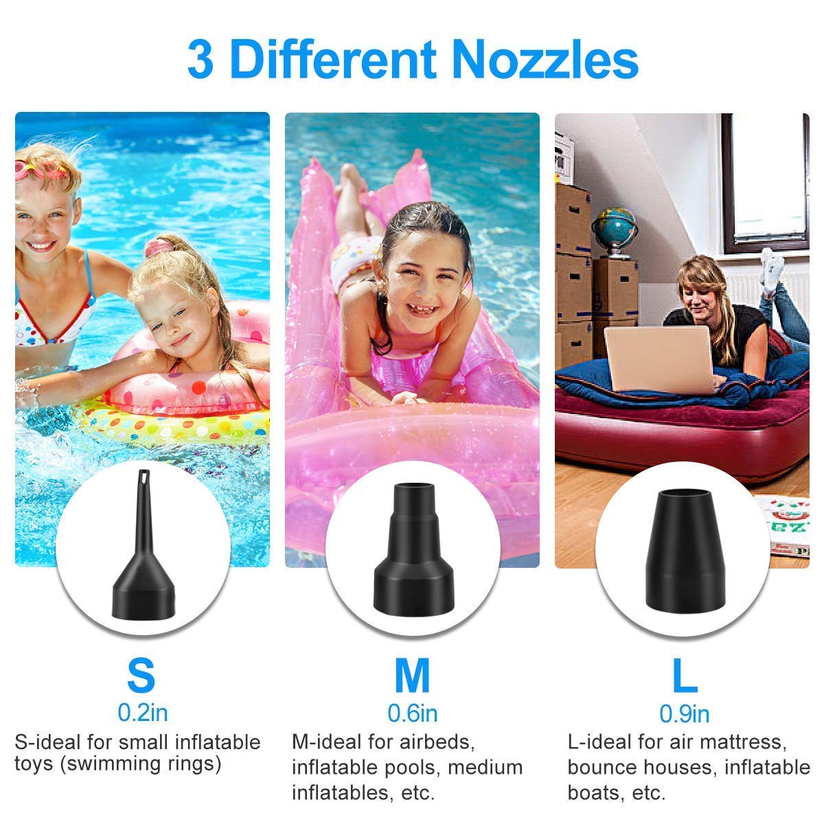 Picture of Electric Air Pump, Portable Quick-Fill Air Mattress Pumps for Inflatable Cushions with 3 Nozzles, 110V AC Inflator/Deflator for Outdoor Camping, Air Sofa, Boats, Pool Toys, Pool Floats, Airbed Black 