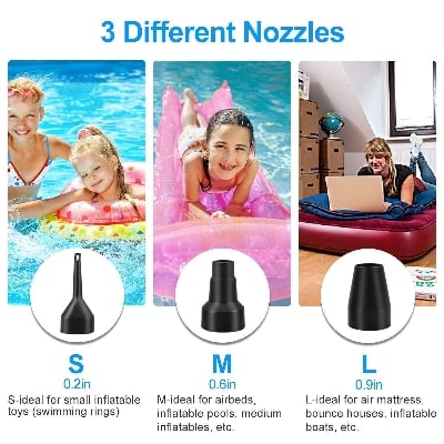 Picture of Electric Air Pump, Portable Quick-Fill Air Mattress Pumps for Inflatable Cushions with 3 Nozzles, 110V AC Inflator/Deflator for Outdoor Camping, Air Sofa, Boats, Pool Toys, Pool Floats, Airbed Black 