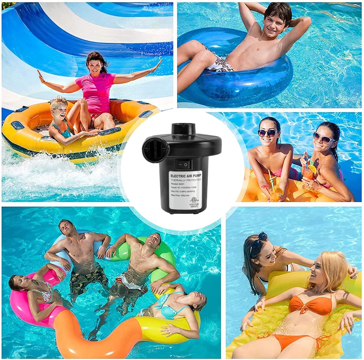 Picture of Electric Air Pump, Portable Quick-Fill Air Mattress Pumps for Inflatable Cushions with 3 Nozzles, 110V AC Inflator/Deflator for Outdoor Camping, Air Sofa, Boats, Pool Toys, Pool Floats, Airbed Black 