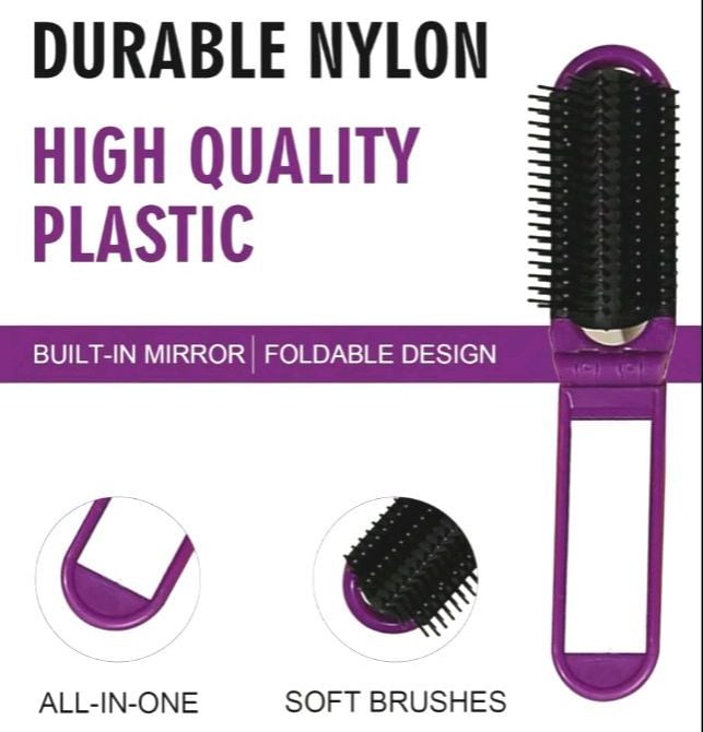 Picture of Hair Brush Women Portable Travel Folding Hair Brush With Mirror Compact Pocket Size Comb Hairbrush  