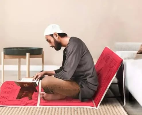 Picture of Foldable Muslim Prayer Rug with Backrest | Portable Islamic Prayer Mat & Seat for Travel | Comfortable, Lightweight Salah Mat Luxury Relax Backrest Muslim Prayer Mat Carpet Islamic Recliner Chair Multicolor 