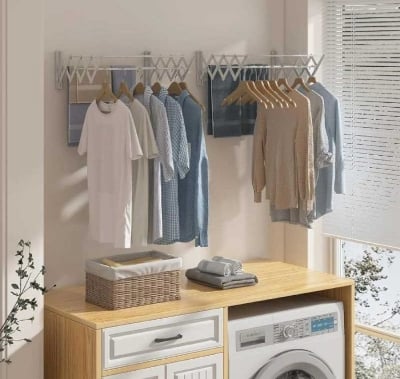 Picture of Wall Mounted Clothes Drying Hanger Metal Clothes Rack Steel Wall Mount Dryer Rack Laundry Hanging Rack Collapsible, Wall Mounted Drying Rack Silver 