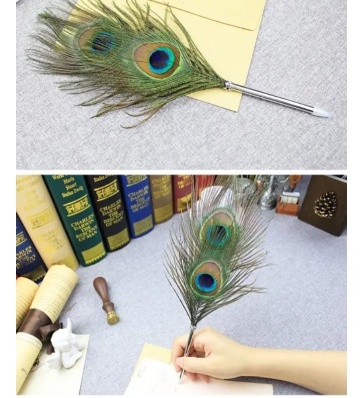Picture of Peacock Feather Quill Ballpoint Pen 1 Pack Wedding Gifts Stationery School Office Black 