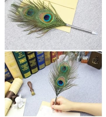 Picture of Peacock Feather Quill Ballpoint Pen 1 Pack Wedding Gifts Stationery School Office Black 