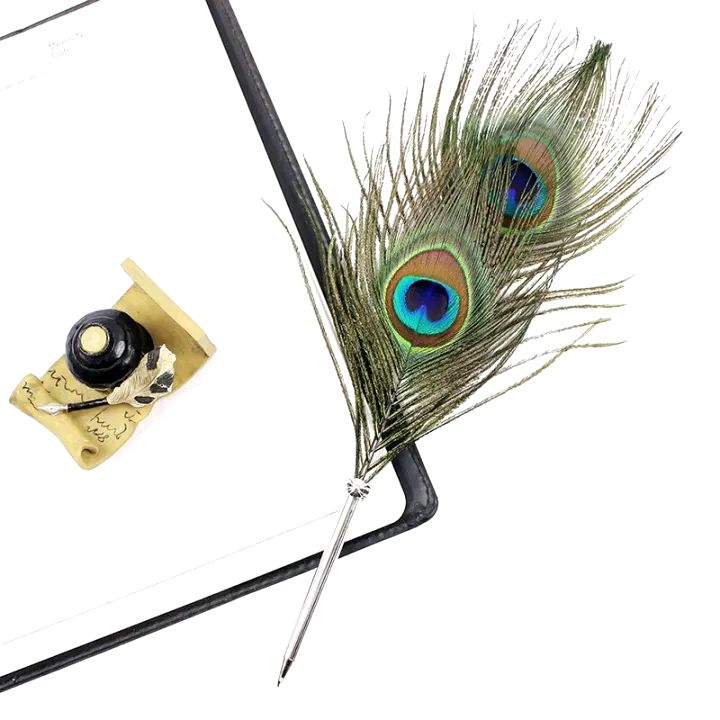Picture of Peacock Feather Quill Ballpoint Pen 1 Pack Wedding Gifts Stationery School Office Black 