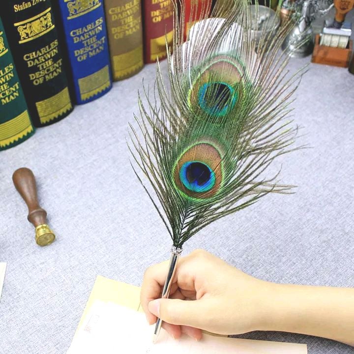 Picture of Peacock Feather Quill Ballpoint Pen 1 Pack Wedding Gifts Stationery School Office Black 
