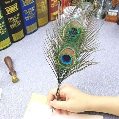 Picture of Peacock Feather Quill Ballpoint Pen 1 Pack Wedding Gifts Stationery School Office Black 