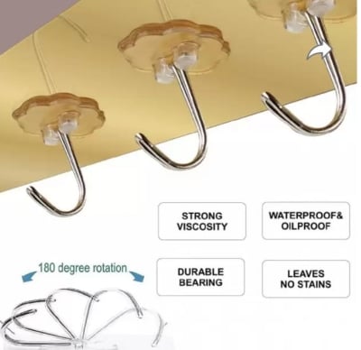 Picture of Self Adhesive Hooks for Wall Heavy Duty - 10kg Load Capacity Waterproof Transparent Wall Hooks for Hanging - No Drilling Nail Gold 