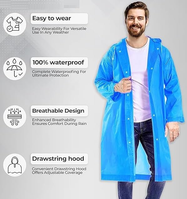 Picture of Waterproof Rain Coat for Men and Women, Hooded Raincoat with Pockets, Lightweight and Durable, Water Proof Reusable Raincoat with Hoodie for Adult, Unisex Blue 18years+