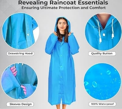 Picture of Waterproof Rain Coat for Men and Women, Hooded Raincoat with Pockets, Lightweight and Durable, Water Proof Reusable Raincoat with Hoodie for Adult, Unisex Blue 18years+