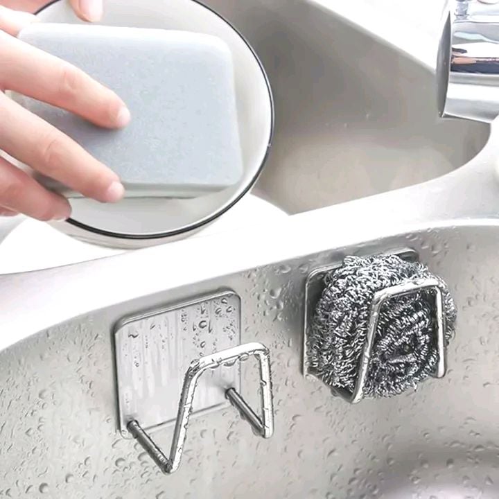 Picture of 1 piece Adhesive Sponge Holder Quick Drying Kitchen Sink Sponge Holder Stainless Steel Waterproof Sponge Holder for Kitchen Accessories Silver 