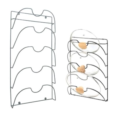 Picture of Metal Wire Pot and Pan Lid Rack Organizer for Kitchen Cabinet Doors or Wall Mount - Upright Storage Holder with 5 Slots - Black 