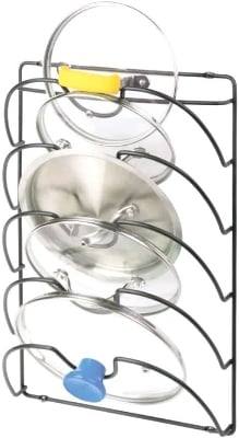 Picture of Metal Wire Pot and Pan Lid Rack Organizer for Kitchen Cabinet Doors or Wall Mount - Upright Storage Holder with 5 Slots - Black 