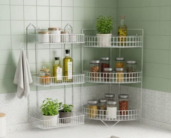 Picture of Shampoo rack Metal Storage Shelf -Set of 2 Hanging Corner Racks for Kitchen and Bathroom Organization White 