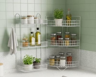 Picture of Shampoo rack Metal Storage Shelf -Set of 2 Hanging Corner Racks for Kitchen and Bathroom Organization White 