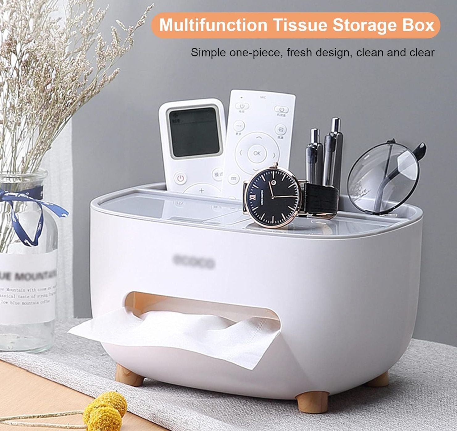 Picture of Tissue Box Cover Holder with Storage, Napkin Tissue Box, Multi-Function Tissue Box ABS Material Storage Organizer Off White 