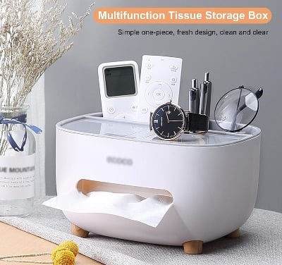 Picture of Tissue Box Cover Holder with Storage, Napkin Tissue Box, Multi-Function Tissue Box ABS Material Storage Organizer Off White 