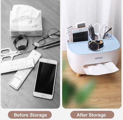 Picture of Tissue Box Cover Holder with Storage, Napkin Tissue Box, Multi-Function Tissue Box ABS Material Storage Organizer Off White 