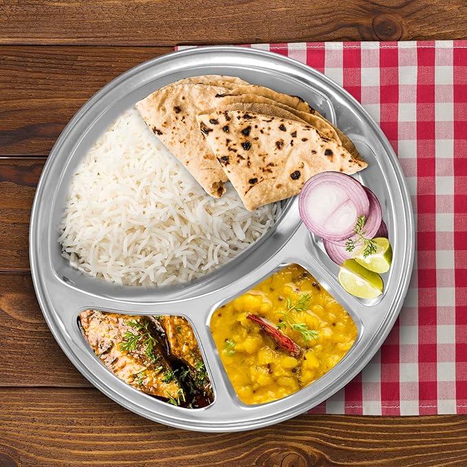Picture of 1 PCS Stainless Steel Divided Plates Round Thali Plate, 4 compartment Thali, BPA Free, Diet Food Control, Camping Dishes, Compact Serving Platter, Dinner Snack, Silver 