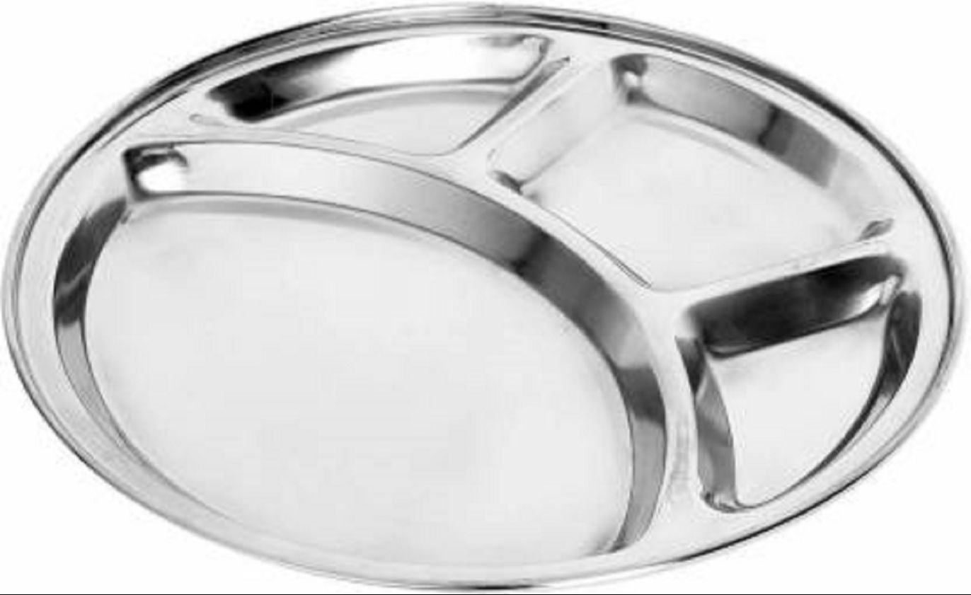 Picture of 1 PCS Stainless Steel Divided Plates Round Thali Plate, 4 compartment Thali, BPA Free, Diet Food Control, Camping Dishes, Compact Serving Platter, Dinner Snack, Silver 
