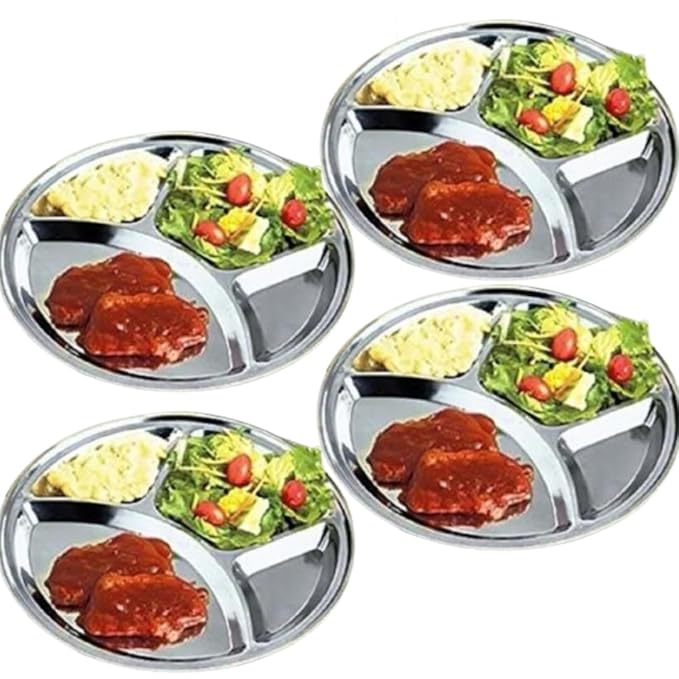 Picture of 1 PCS Stainless Steel Divided Plates Round Thali Plate, 4 compartment Thali, BPA Free, Diet Food Control, Camping Dishes, Compact Serving Platter, Dinner Snack, Silver 