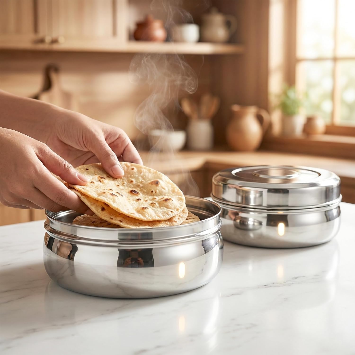 Picture of 4 Steel Bread Container / Steel Box 4 | Round Steel Flat Canisters with Lids | Food Storage Containers for Roti Chapati Dry Fruits | Stackable Multipurpose Silver 