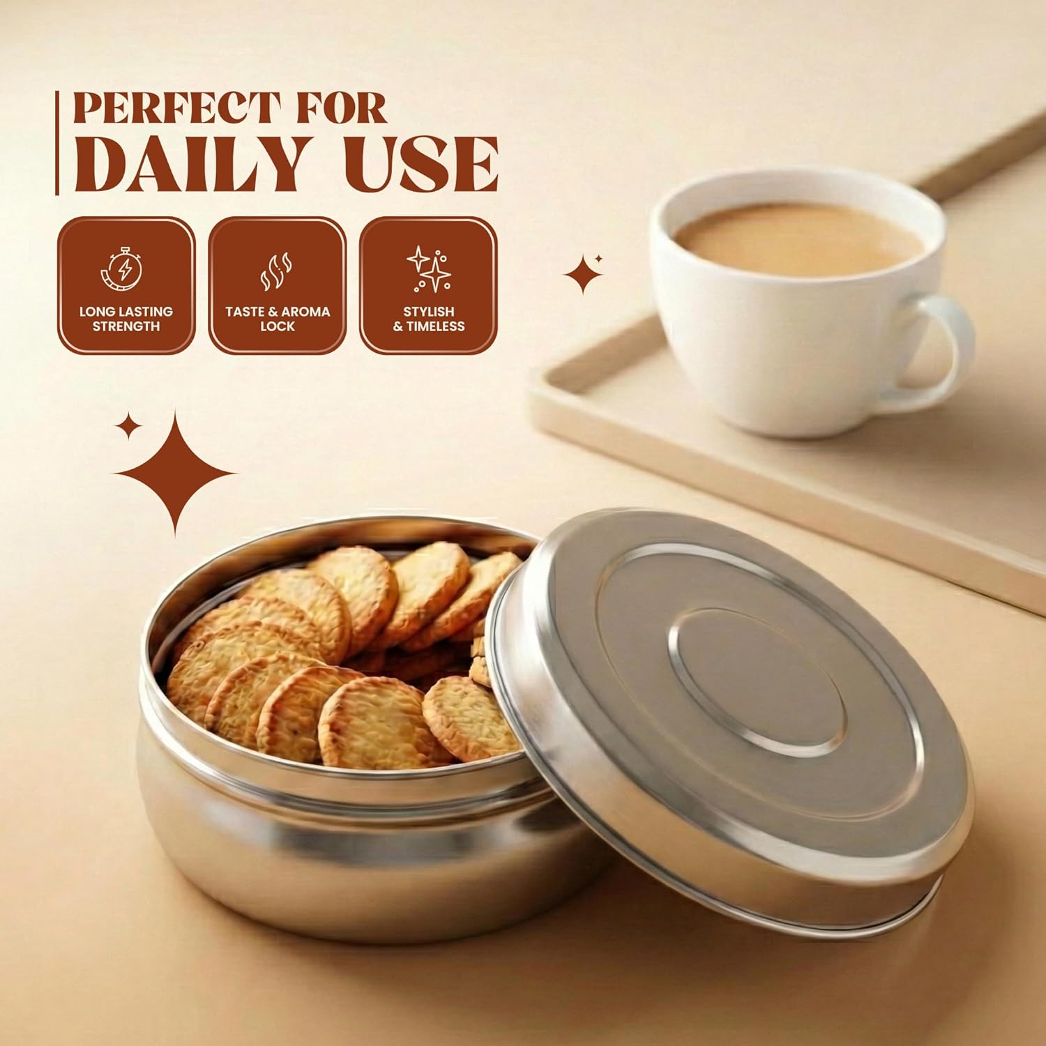 Picture of 4 Steel Bread Container / Steel Box 4 | Round Steel Flat Canisters with Lids | Food Storage Containers for Roti Chapati Dry Fruits | Stackable Multipurpose Silver 