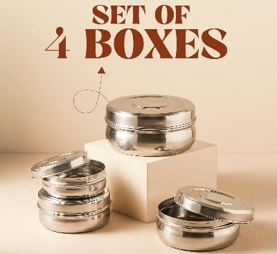 Picture of 4 Steel Bread Container / Steel Box 4 | Round Steel Flat Canisters with Lids | Food Storage Containers for Roti Chapati Dry Fruits | Stackable Multipurpose Silver 